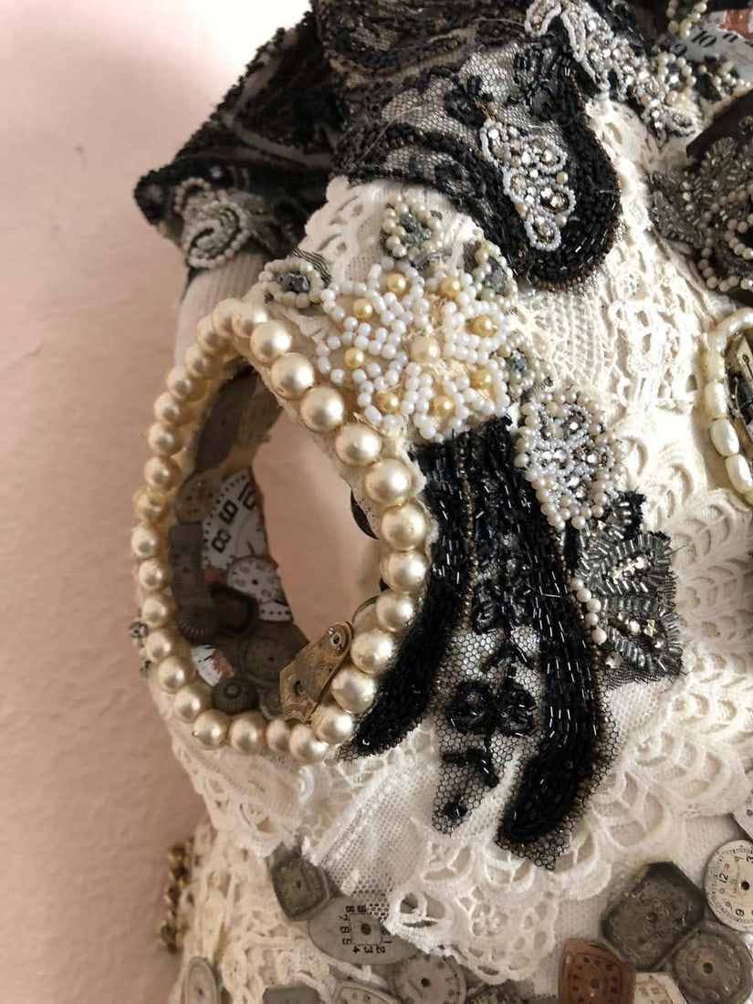 Large Mixed Media Skull Sculpture With Lace and Pearls - 7