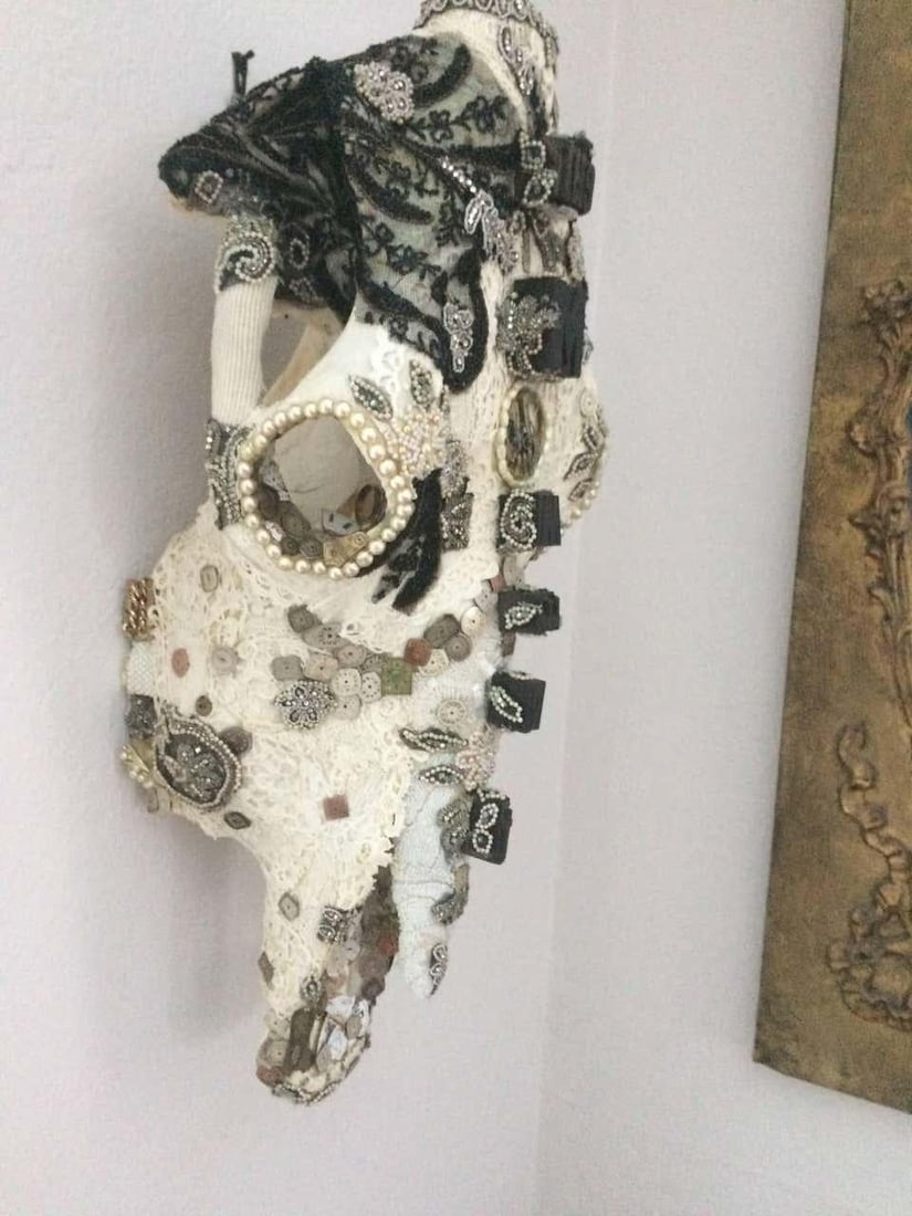Large Mixed Media Skull Sculpture With Lace and Pearls - 8