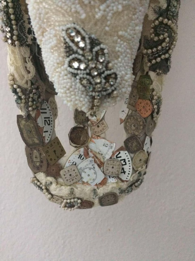 Large Mixed Media Skull Sculpture With Lace and Pearls - 9