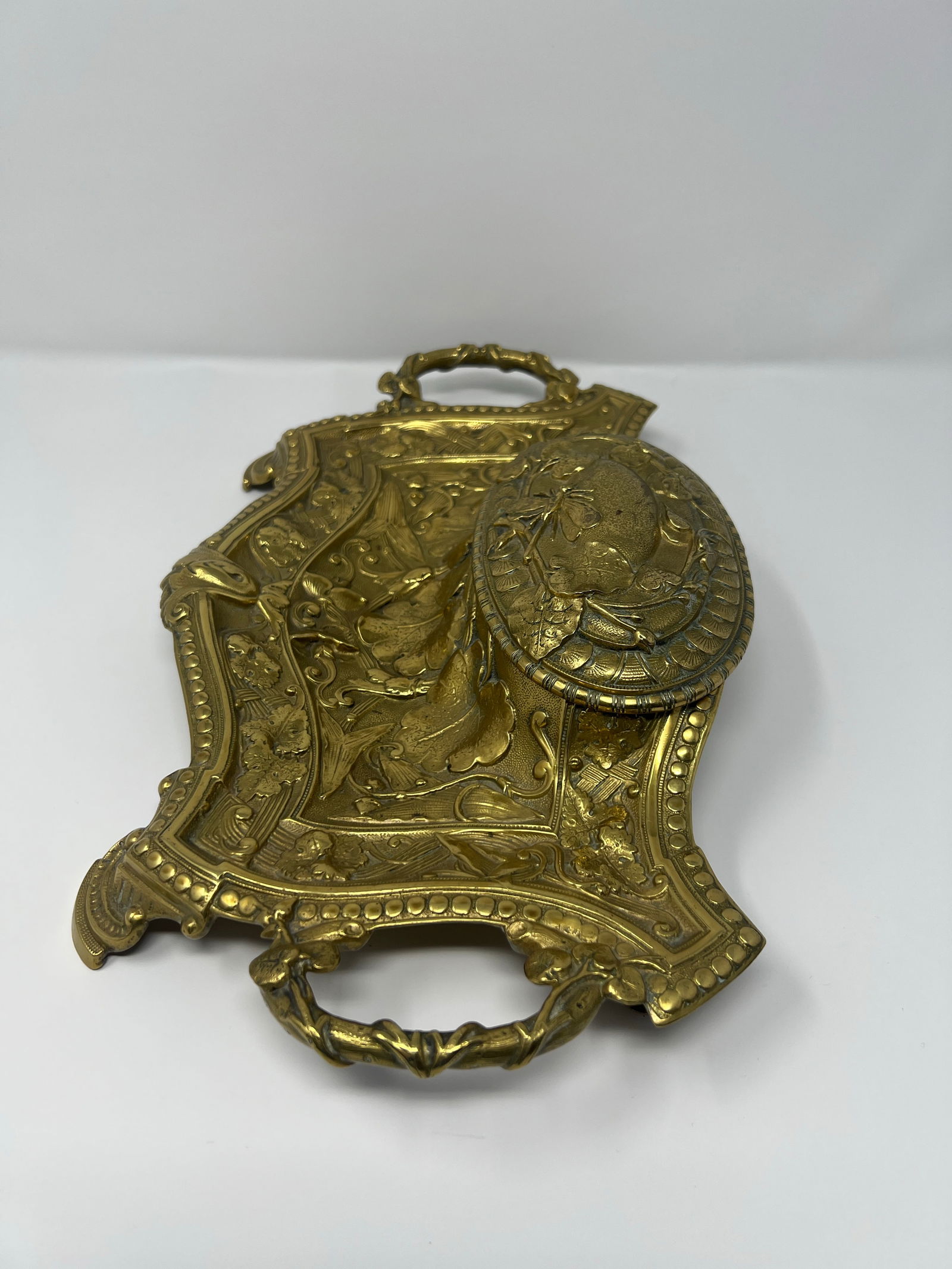 Antique Monumental Art Nouveau Brass Desk Inkwell With Botanical Relief, Circa 1900 - 4