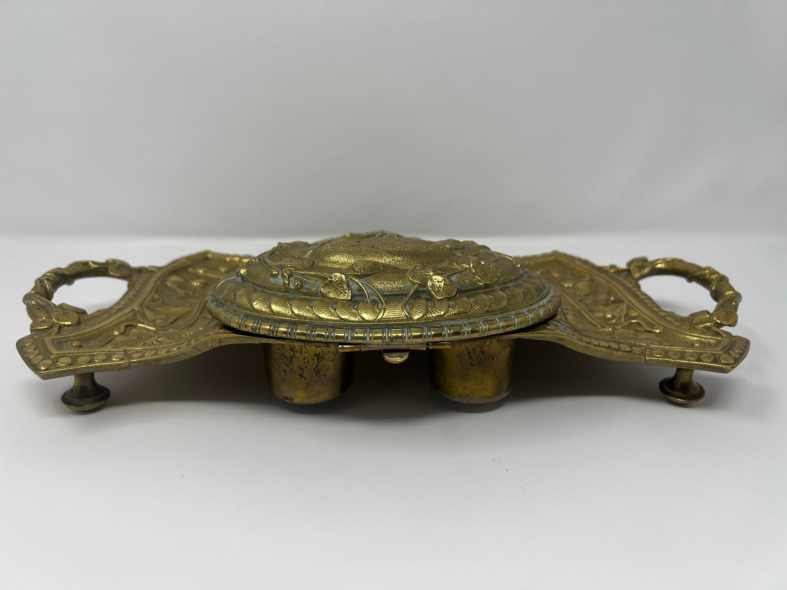 Antique Monumental Art Nouveau Brass Desk Inkwell With Botanical Relief, Circa 1900 - 5