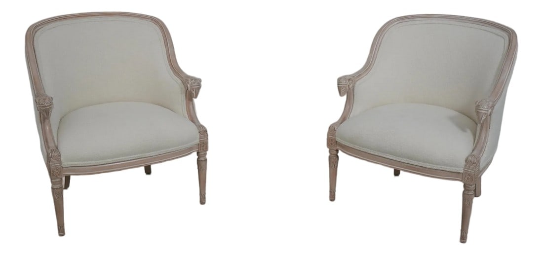 Pair of French Louis XVI Boucle Rams Head Chairs: Age Approx. 30 Years Old Details French Regency Style Fine Carved Details High Quality Construction Whitewashed Finish Frames Professionally Reupholstered In White Boucle Fabric Condition 