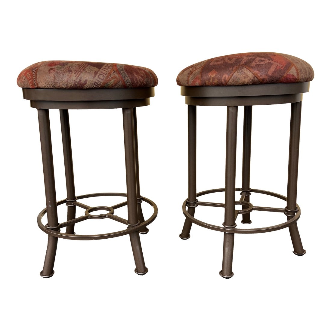 Vintage Counter Stools 25" - Set of 2: Vintage swivel backless stools. Pair of 2 matching stools. Stands about 25 Tall with a fabric cushion seat having 17" diameter. Sturdy metal base. Condition: Alterations: Original Condition Unaltered