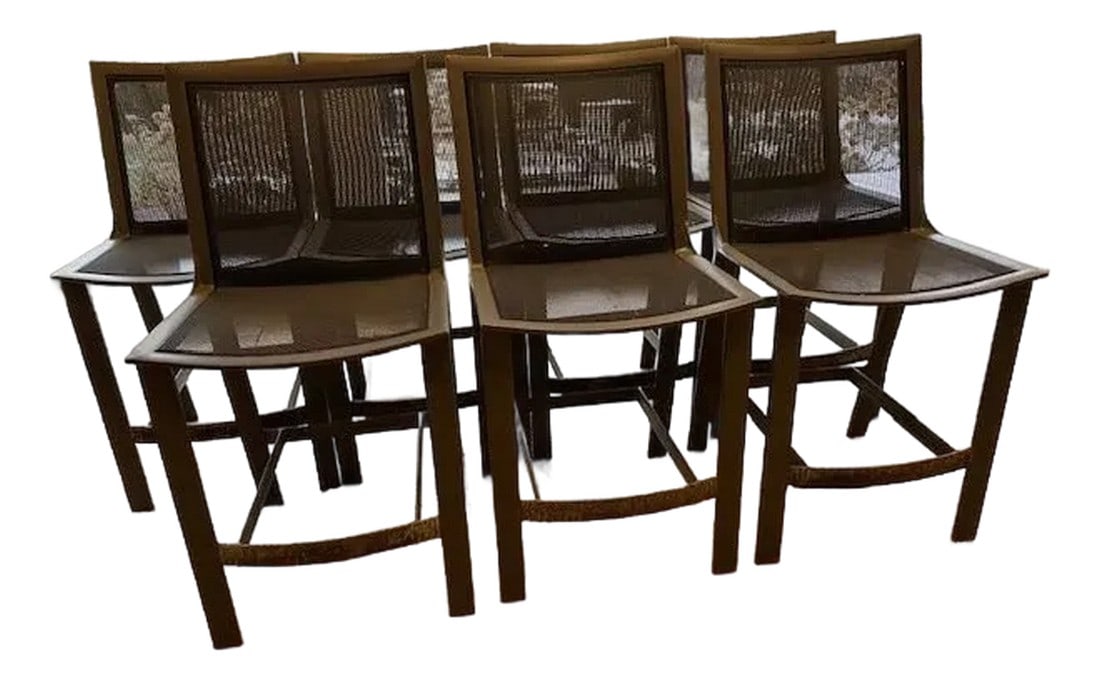 Set of 7 Brown Jordan Outdoor Bar Stools: These Brown Jordan outdoor bar stools feature a powder-coated aluminum frame paired with signature mesh sling backs for breathable comfort and durability.Â Each stool includes a coordinatin