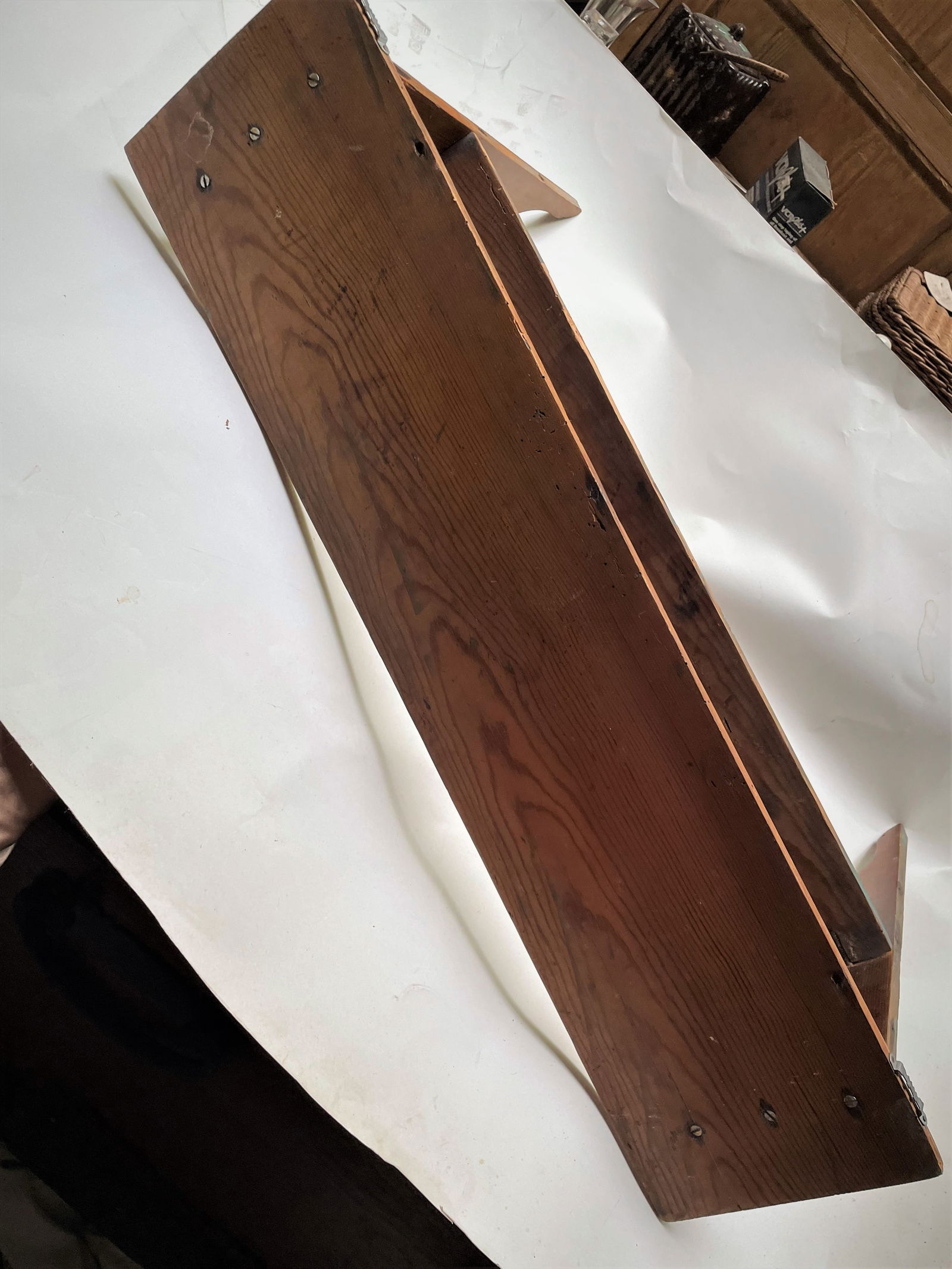 Late 20th Century Country Primitive Cabin Pine 2 Tier Wall Shelf W/ Shaped Sides & Coat Rack Rod - 13