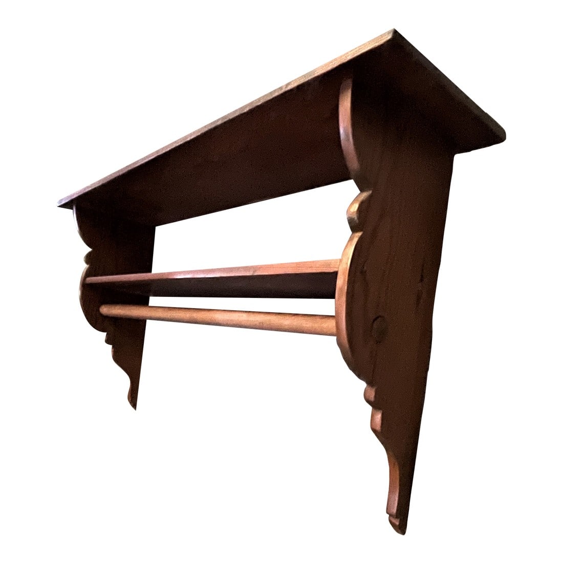 Late 20th Century Country Primitive Cabin Pine 2 Tier Wall Shelf W/ Shaped Sides & Coat Rack Rod: What an adorable two tier shelf with a coat rod below and sweet shaped ends, made of lovely grained pine. It is a very usable small size, the top shelf being 28 3/4 inches wide, the entire piece is