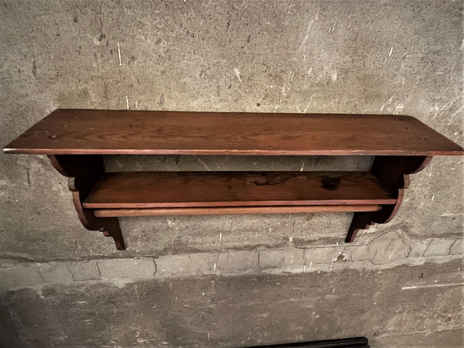 Late 20th Century Country Primitive Cabin Pine 2 Tier Wall Shelf W/ Shaped Sides & Coat Rack Rod - 2