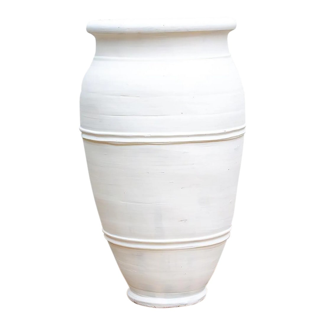 Tall Mediterranean Style White Terracotta Planter: This tall terracota planter captures the sun-drenched romance of the Mediterranean coast. Standing tall at 45 inches, its silhouette is inspired by ancient Greek amphorae"”vessels once used to