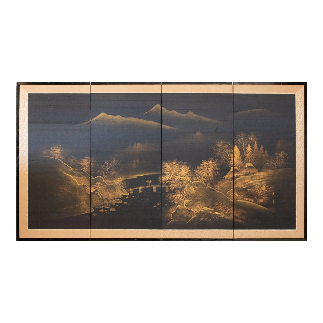 1960s ShÅwa Era Japanese Monochrome Byobu Screen on Black Silk Background: Stunning vintage 4-panel Japanese painted monochrome Byobu (folding screen), depicting an elegant landscape with mountains, on black background. Signed by artist. Gold ink on silk. Silk border.