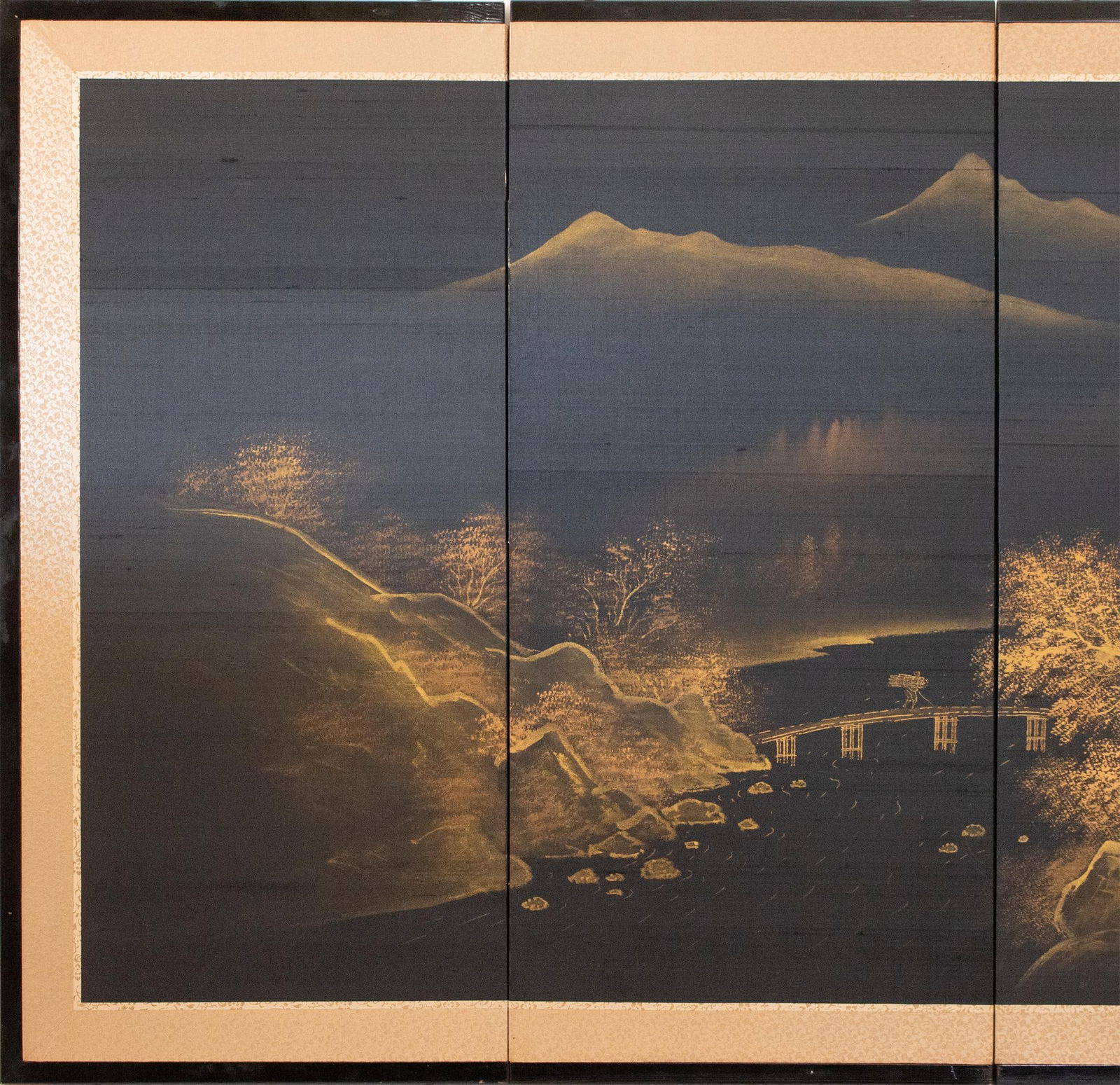 1960s ShÅwa Era Japanese Monochrome Byobu Screen on Black Silk Background - 2