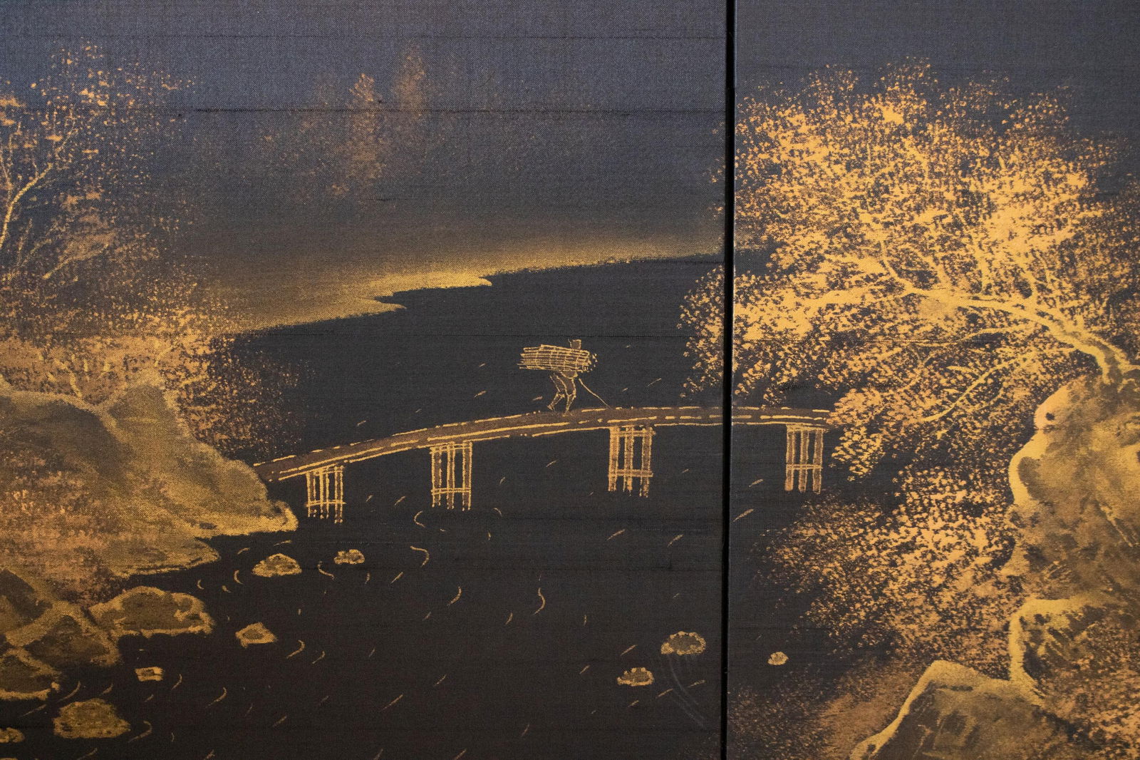 1960s ShÅwa Era Japanese Monochrome Byobu Screen on Black Silk Background - 5