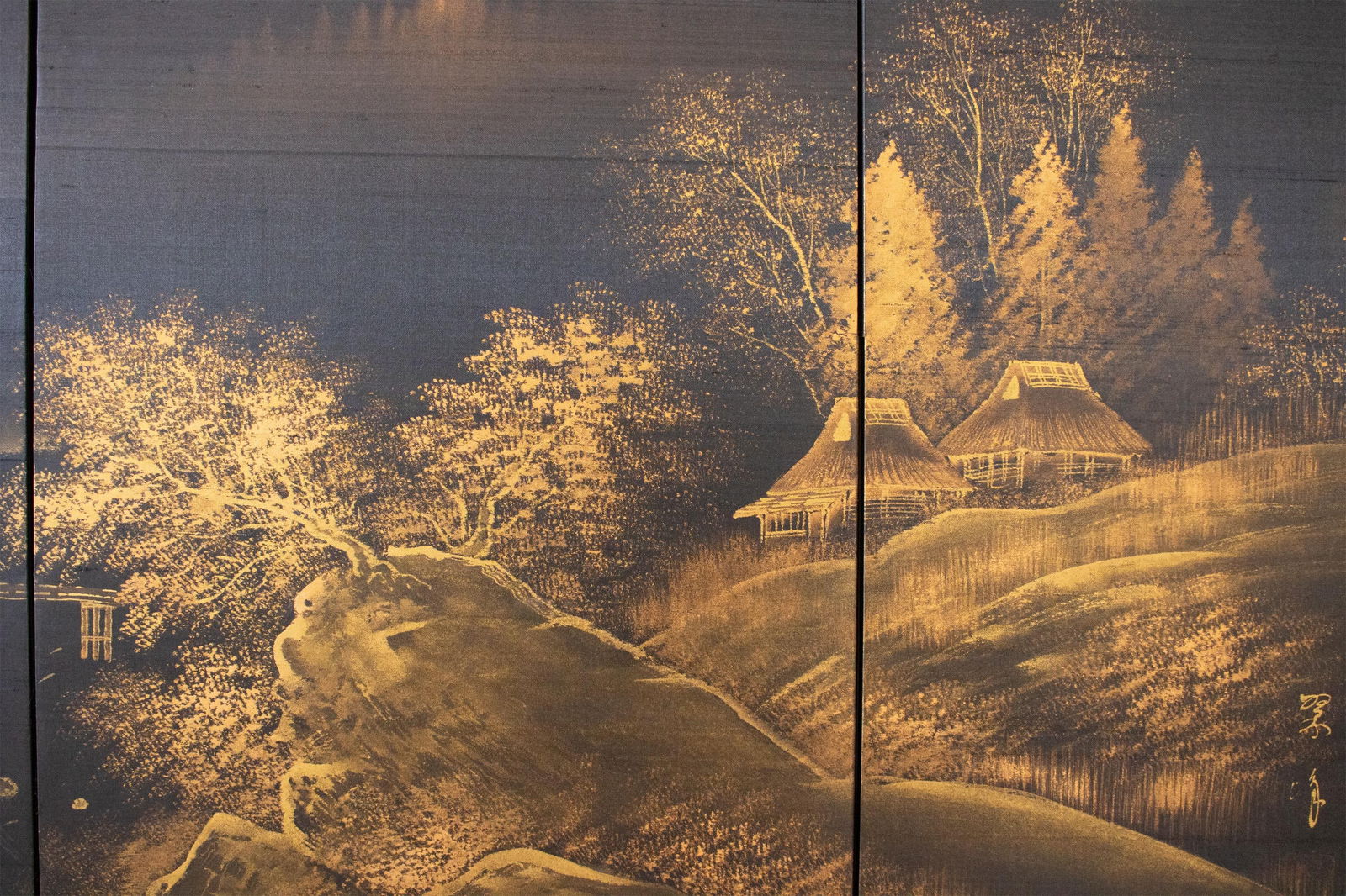 1960s ShÅwa Era Japanese Monochrome Byobu Screen on Black Silk Background - 7