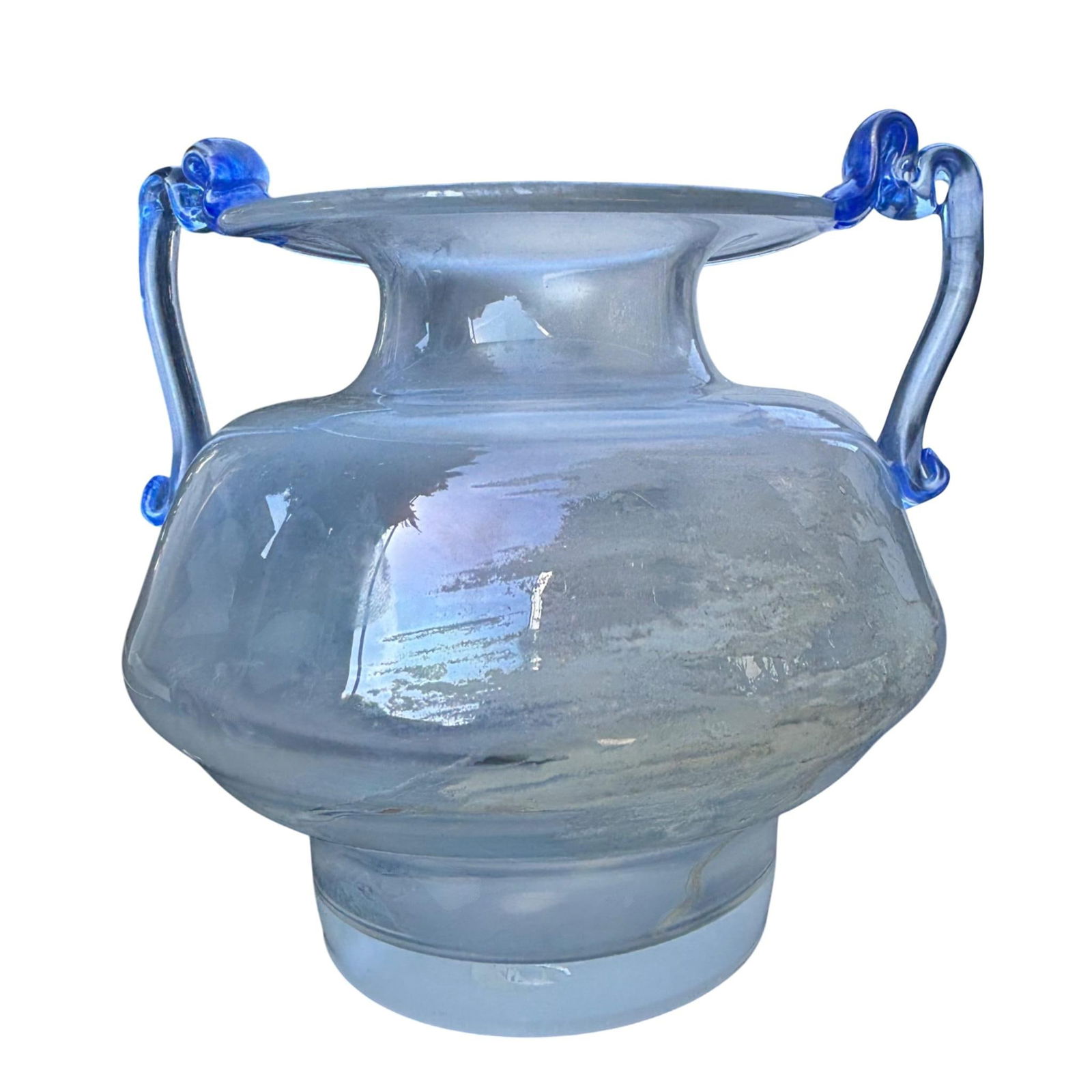 Murano Scavo Art Glass Amphora Vase With Cobalt Blue Handles - 11