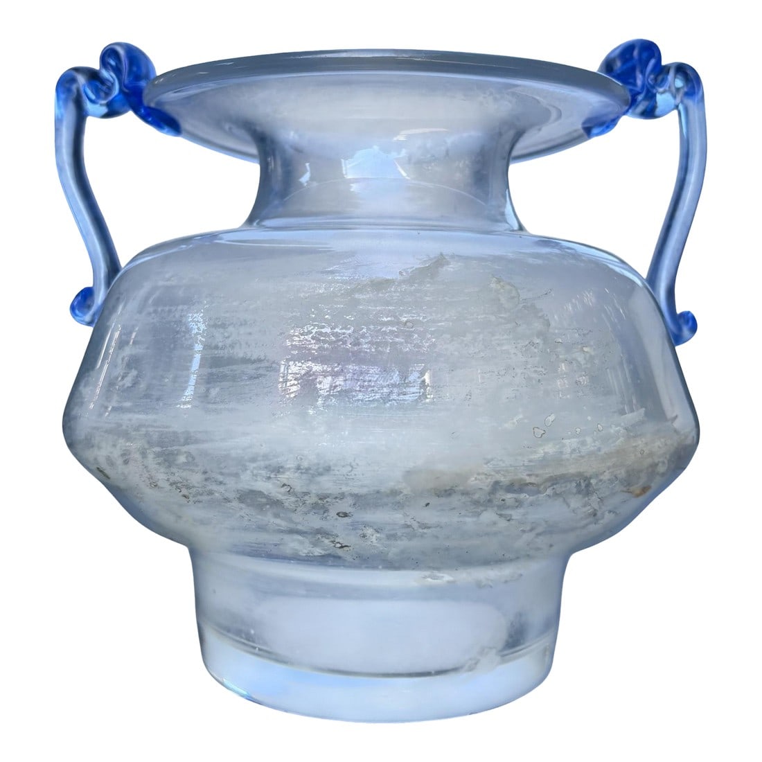 Murano Scavo Art Glass Amphora Vase With Cobalt Blue Handles: Hand-blown Murano art glass vase featuring a classic amphora form with applied cobalt blue scroll handles. The surface exhibits a scavo-style textured finish layered over an iridescent opaline