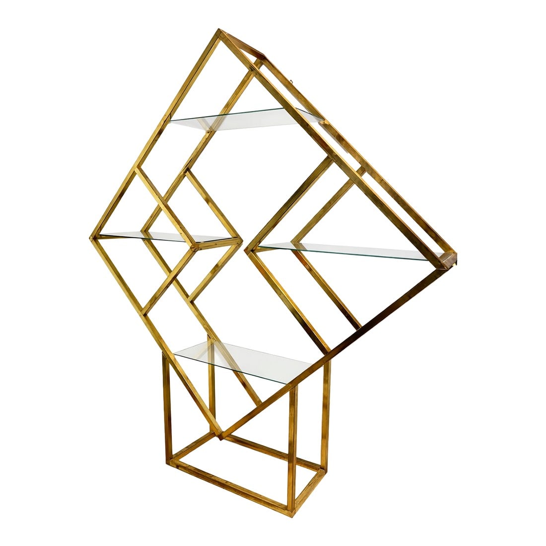 1970s Modern Geometric Brass & Glass Étagère / Bookshelves.: DESCRIPTION Bold, architectural, and unapologetically sculptural. This striking geometric étagère features a brass-finished metal frame with intersecting angular forms and floating glass