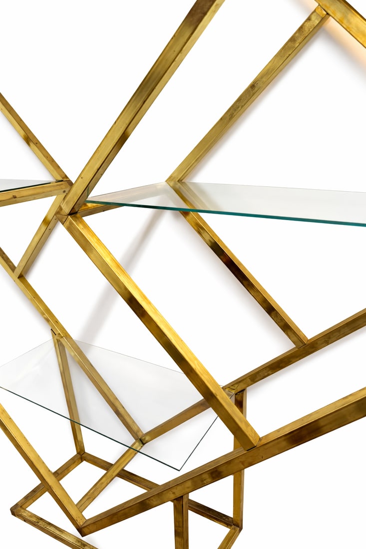 1970s Modern Geometric Brass & Glass Étagère / Bookshelves. - 3