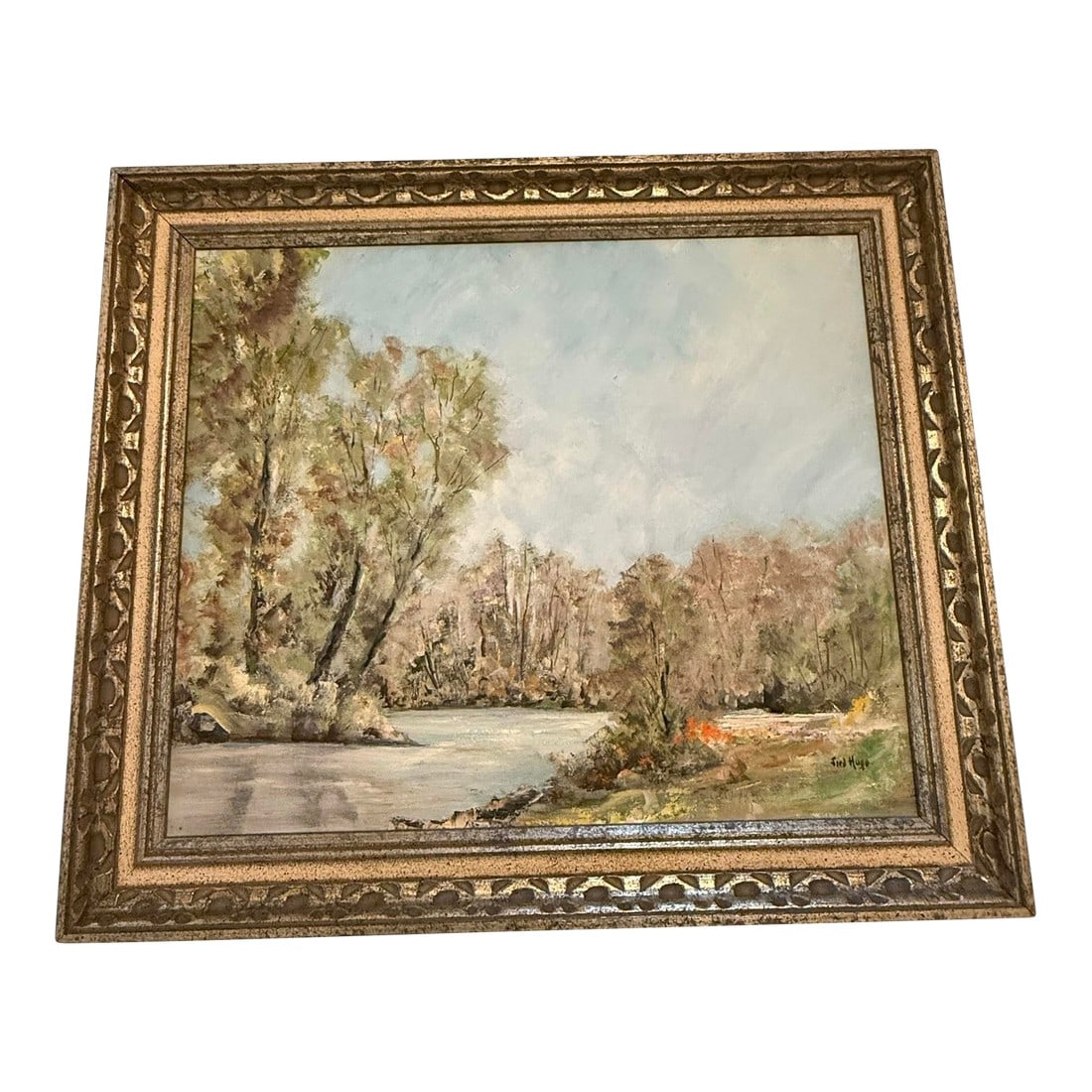 Mid 20th Century Framed Oil on Canvas Serene Impressionist Landscape American Artist Frank Hugo: This is an original oil on canvas landscape by Ohio"‘based impressionist Fred Hugo, likely painted between the mid"‘1950s and late 1960s. A war veteran who continued to paint after the