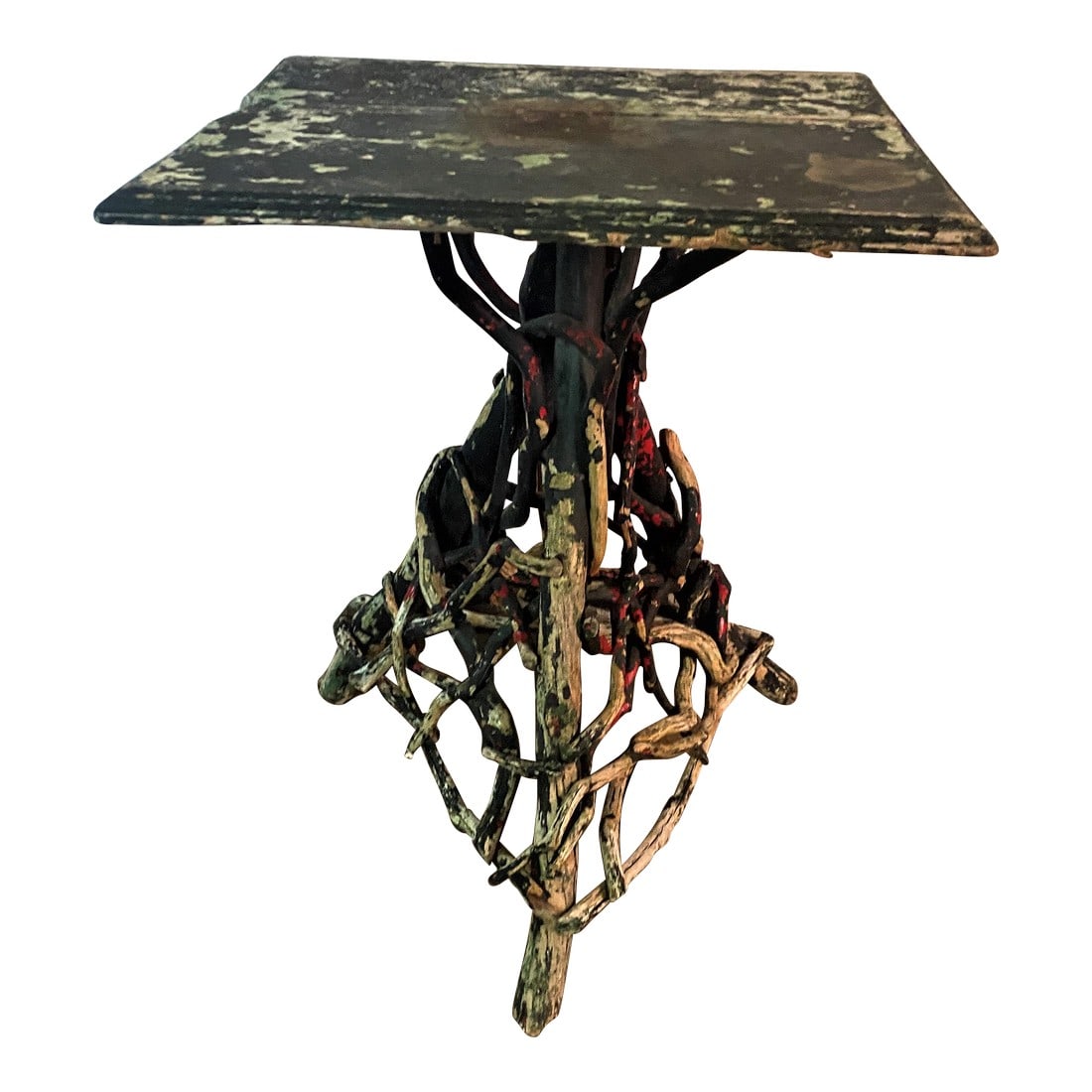 19th C Adirondack Handmade Cabin Shabby Chic Twig Vine Plant Stand Lamp Table: This one is wonderfully shabby with a distressed coat of black paint splashed with red and green that have aged and worn in a fabulously artistic way showing some of the original aged wood. Someone