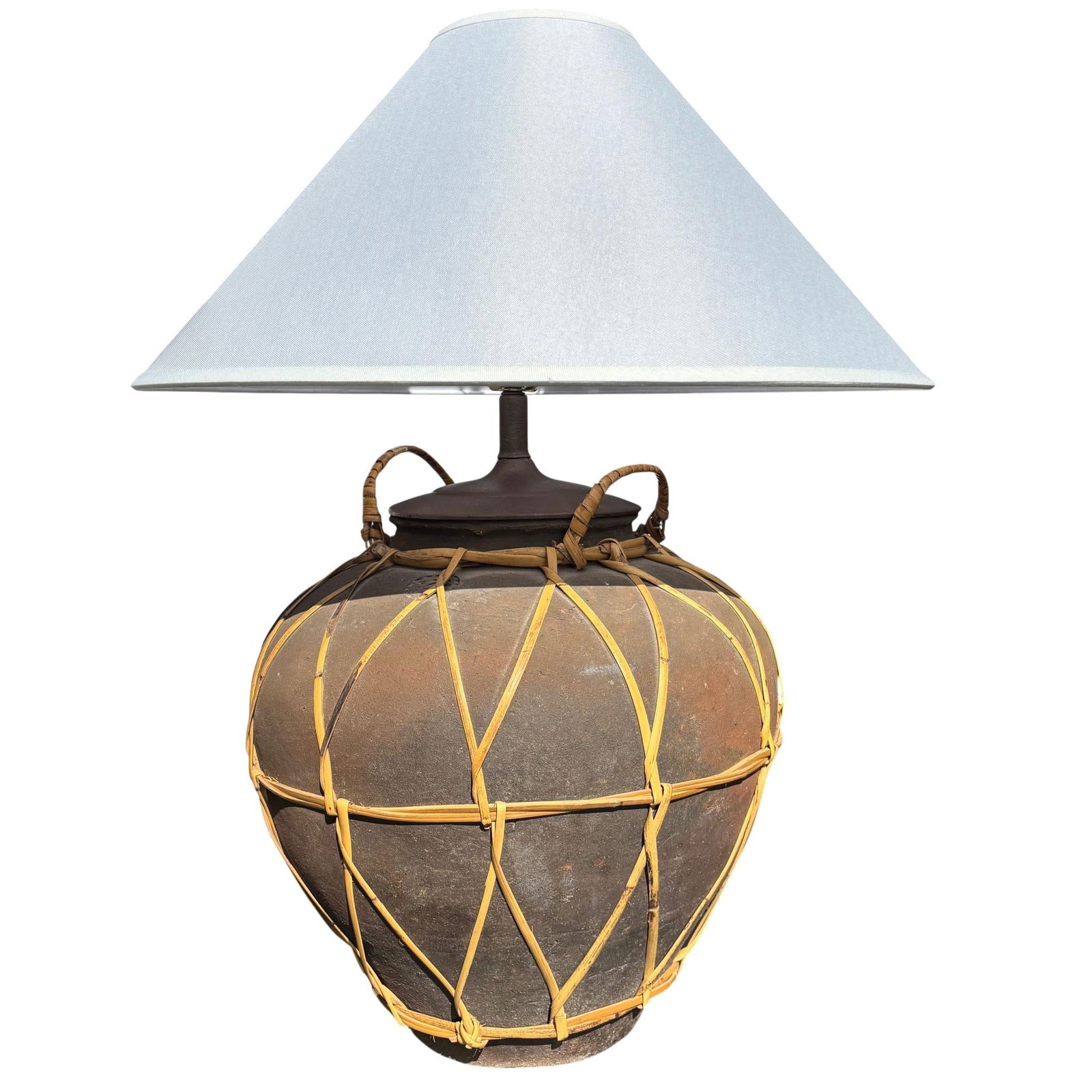 Monumental Martaban-Style Stoneware Water Jar Table Lamp With Woven Rattan - 10