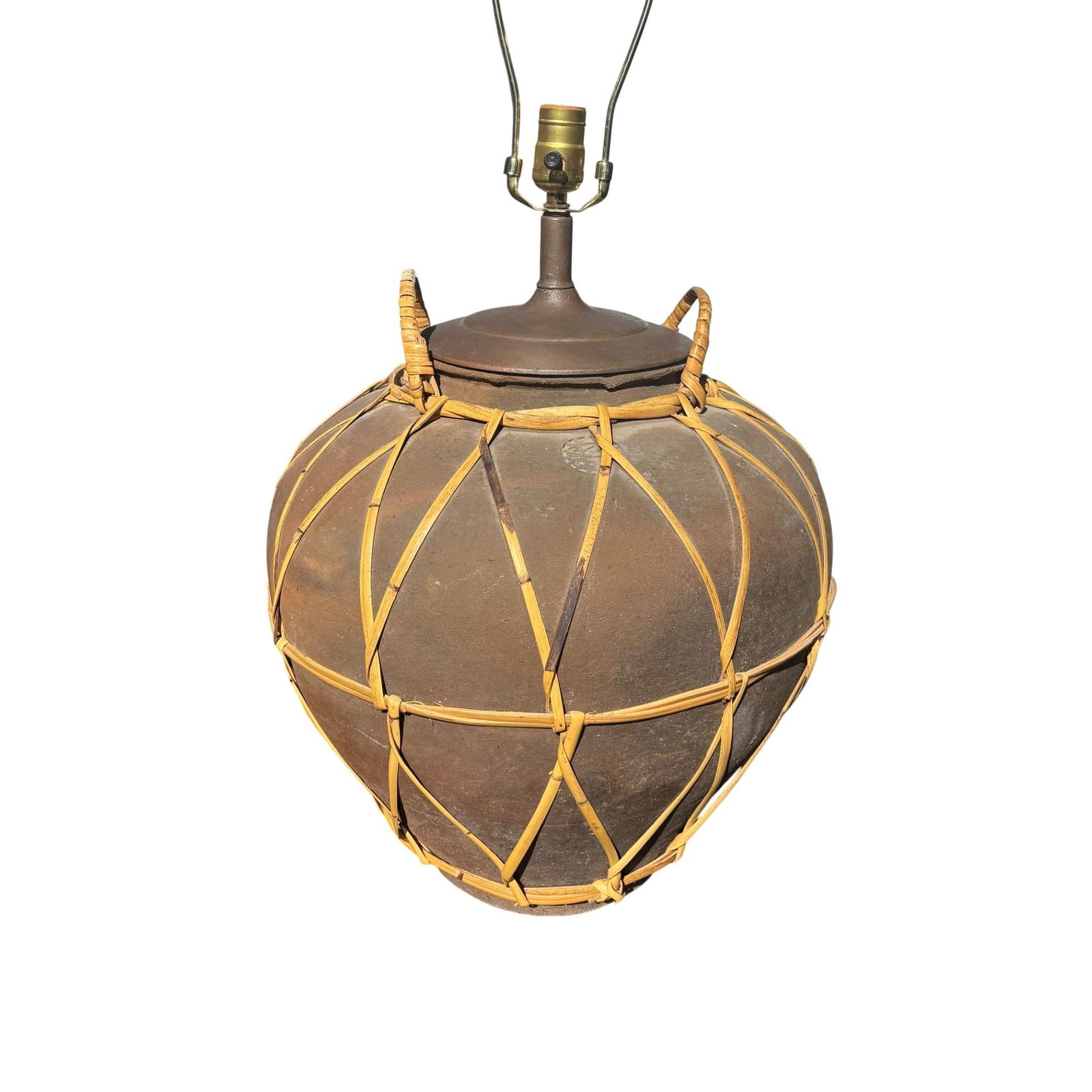 Monumental Martaban-Style Stoneware Water Jar Table Lamp With Woven Rattan - 12