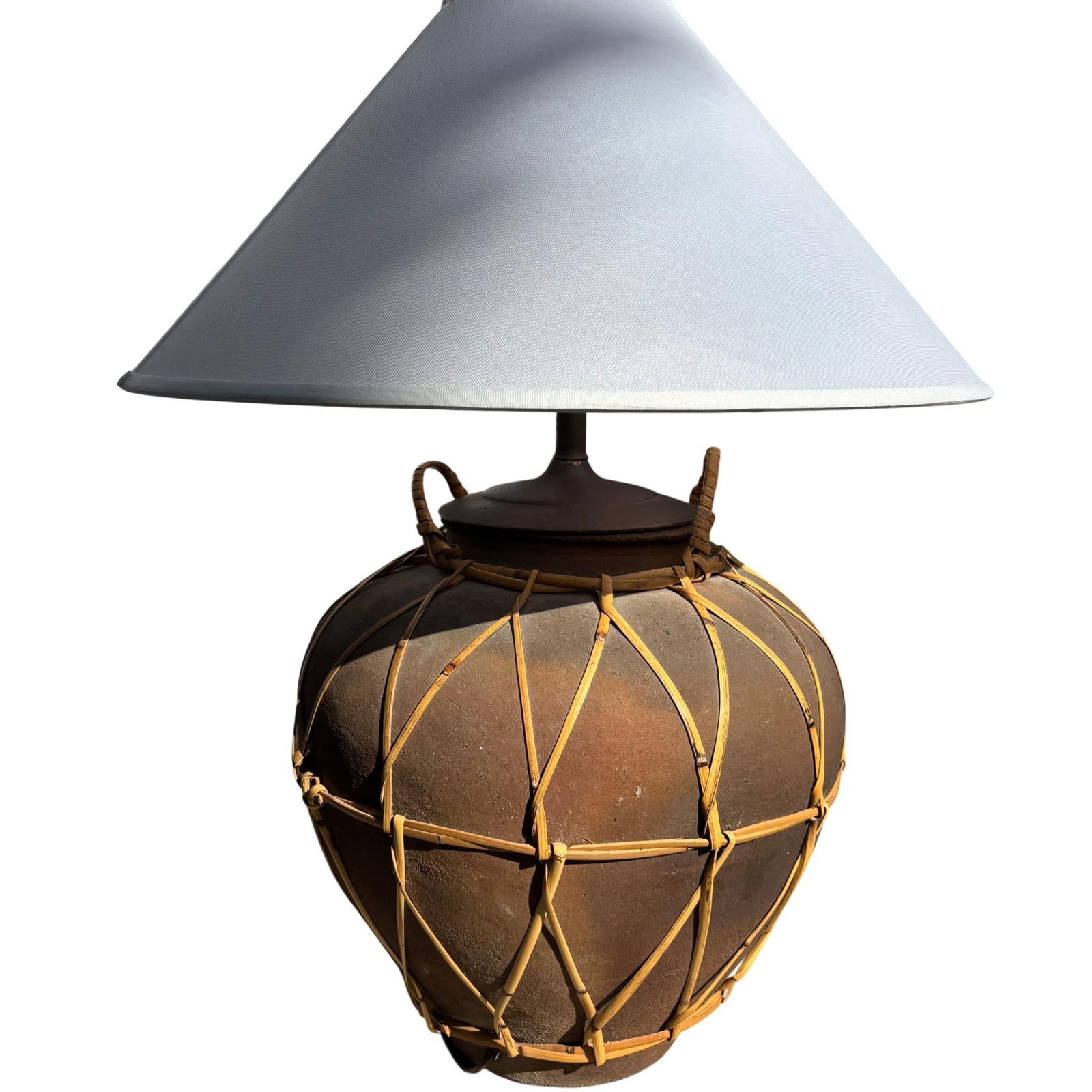 Monumental Martaban-Style Stoneware Water Jar Table Lamp With Woven Rattan - 2