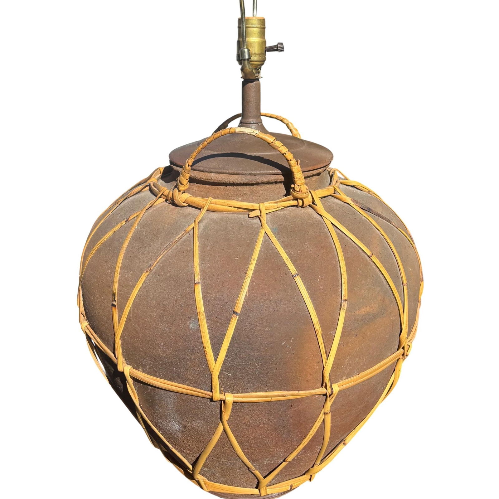 Monumental Martaban-Style Stoneware Water Jar Table Lamp With Woven Rattan - 3