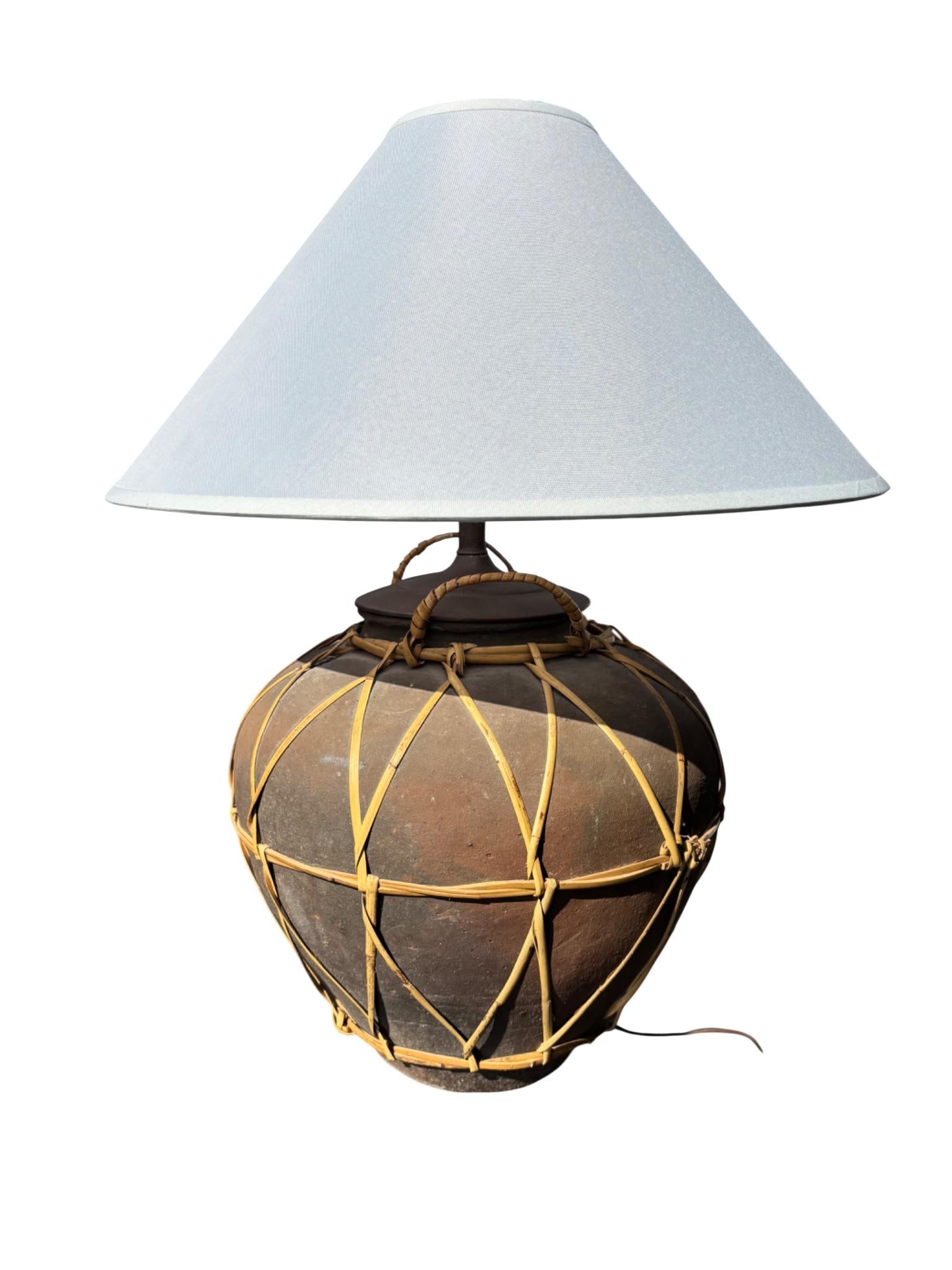 Monumental Martaban-Style Stoneware Water Jar Table Lamp With Woven Rattan - 4
