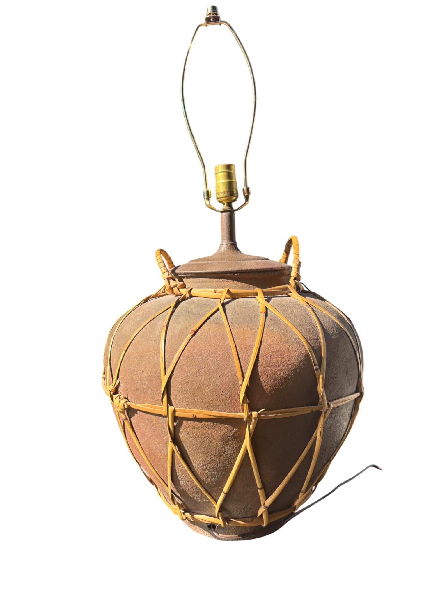 Monumental Martaban-Style Stoneware Water Jar Table Lamp With Woven Rattan - 6