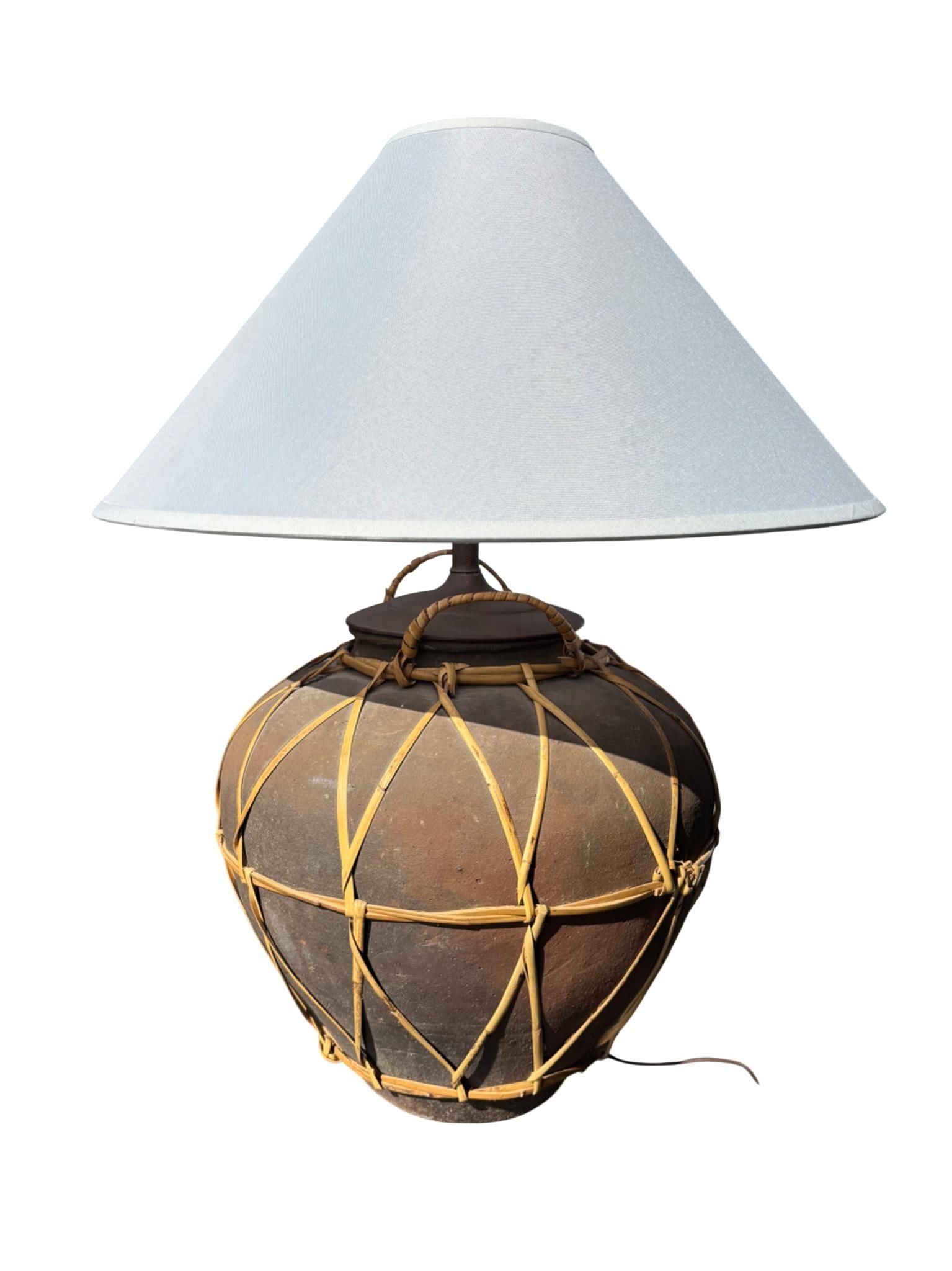 Monumental Martaban-Style Stoneware Water Jar Table Lamp With Woven Rattan - 7