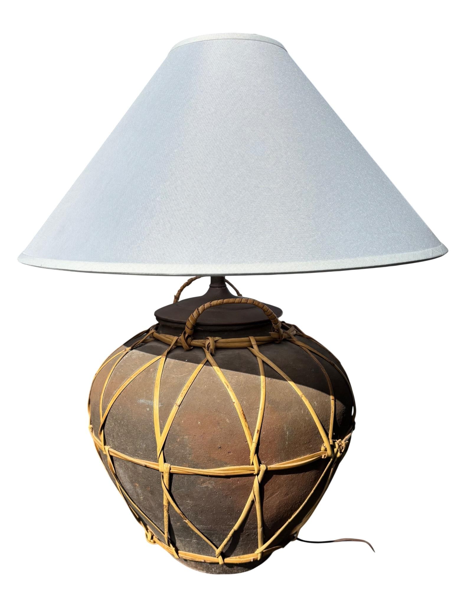 Monumental Martaban-Style Stoneware Water Jar Table Lamp With Woven Rattan - 8