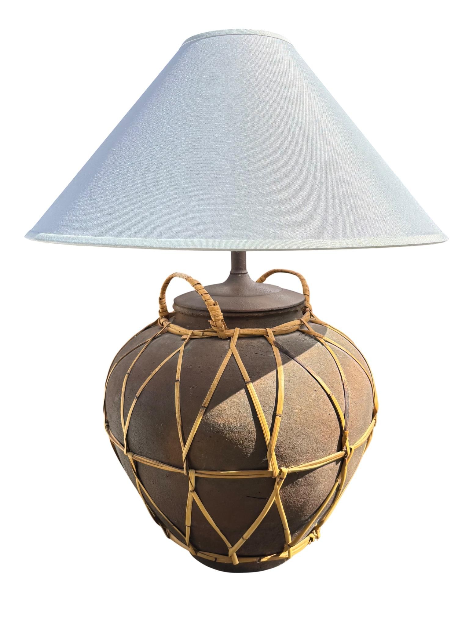 Monumental Martaban-Style Stoneware Water Jar Table Lamp With Woven Rattan - 9
