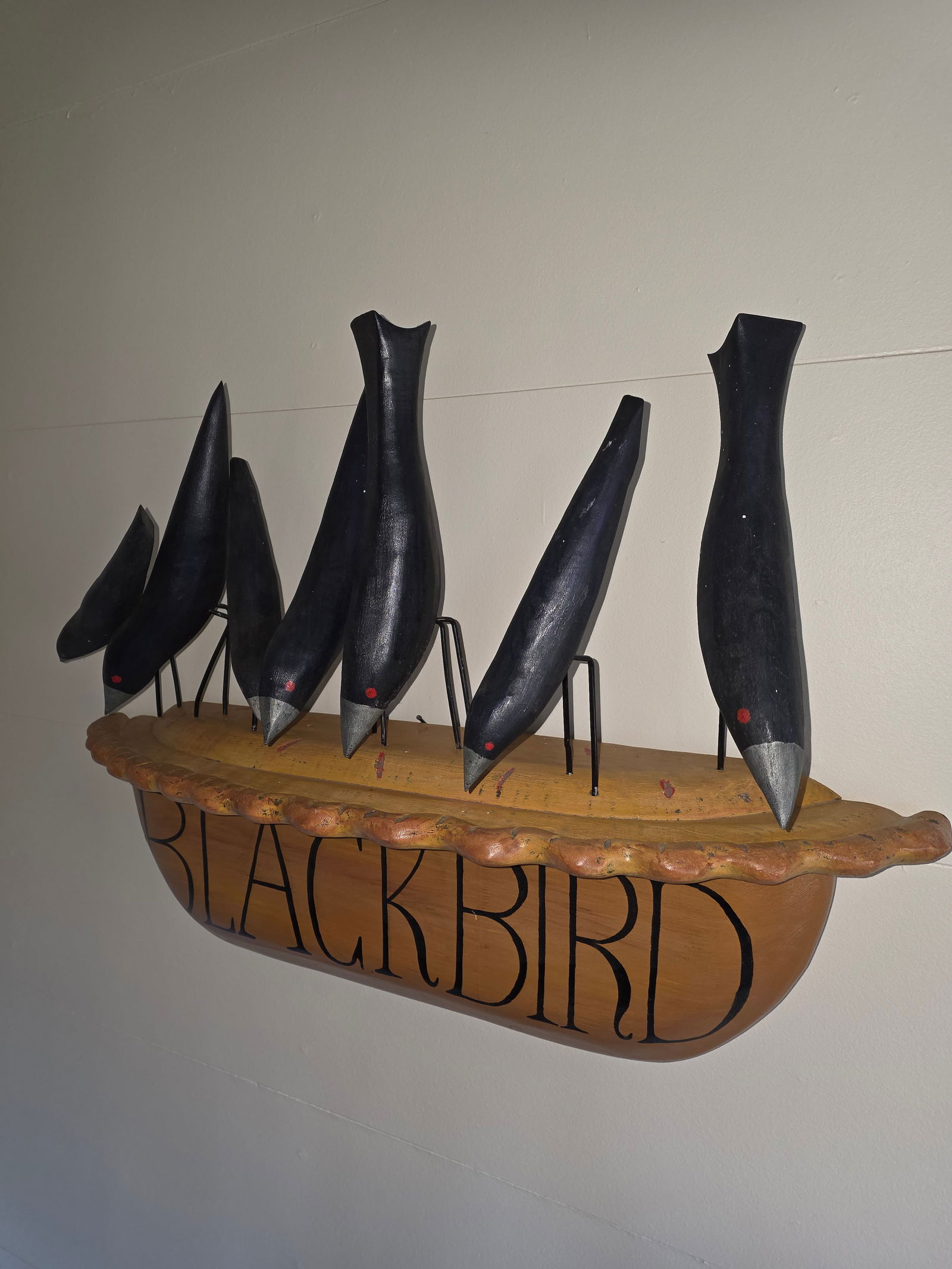 Folk Art Black Bird Pie Wall Sculpture - 3