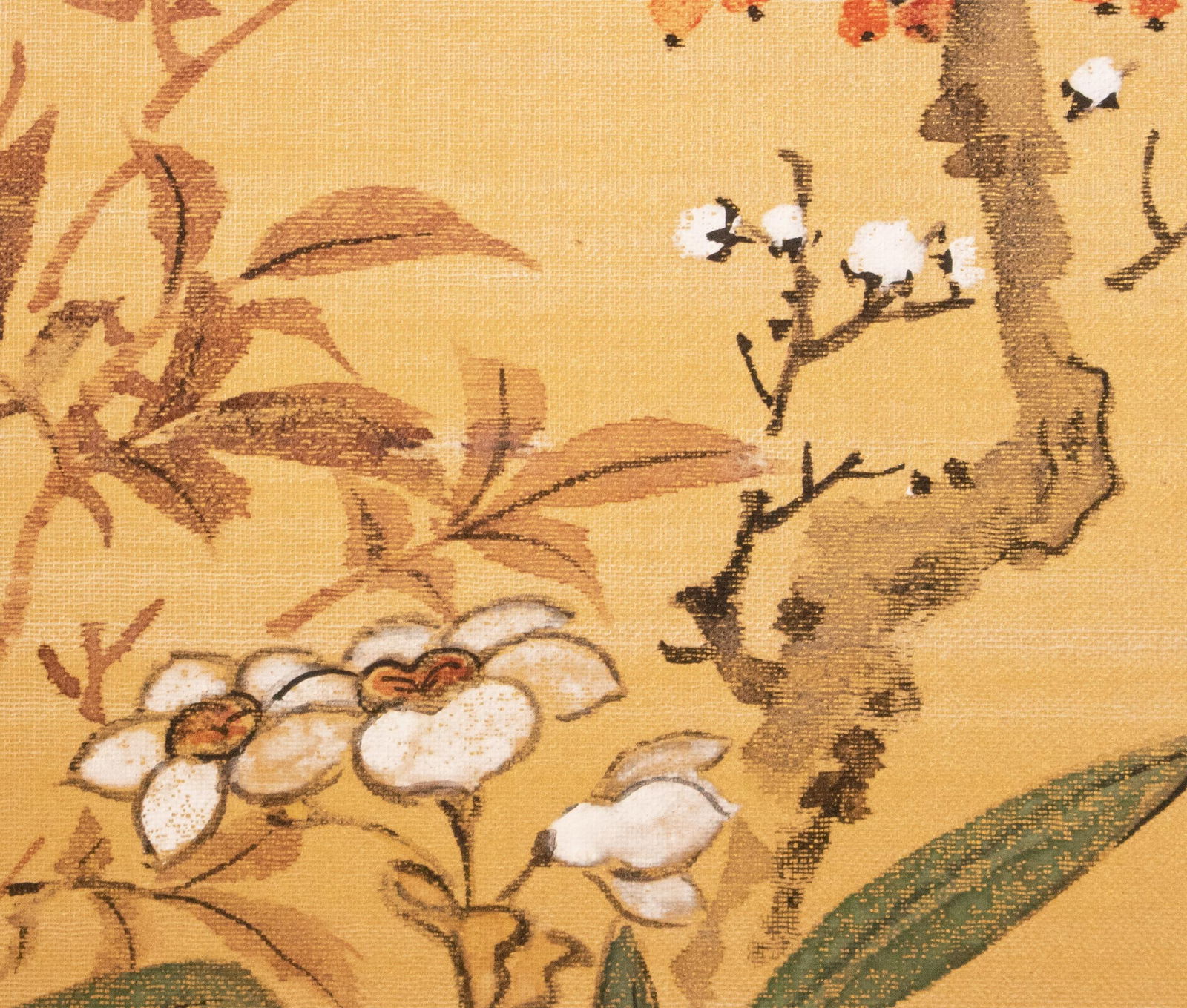1960s Showa Era Japanese Painted Panel "Sakura and Flowers" on Gold Silk Background - 10
