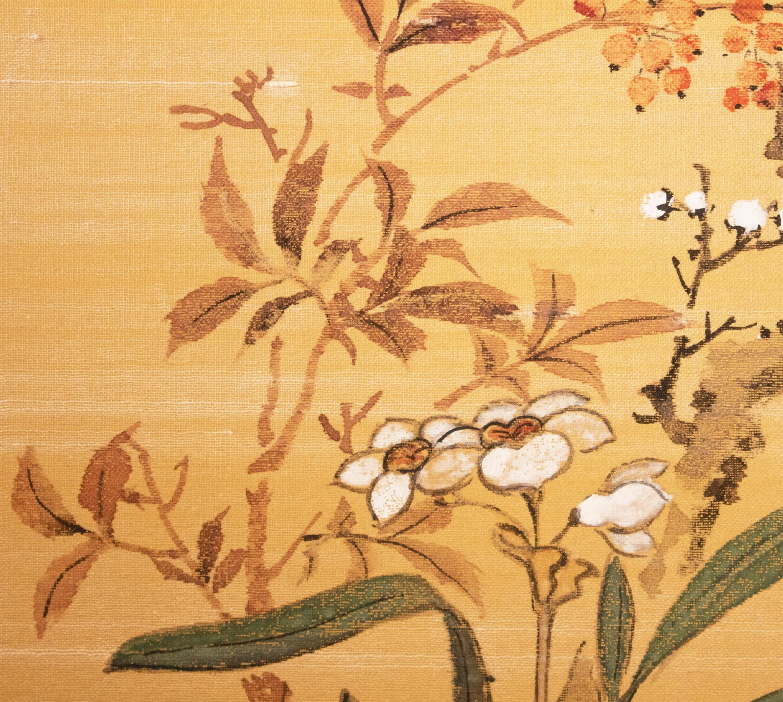 1960s Showa Era Japanese Painted Panel "Sakura and Flowers" on Gold Silk Background - 11