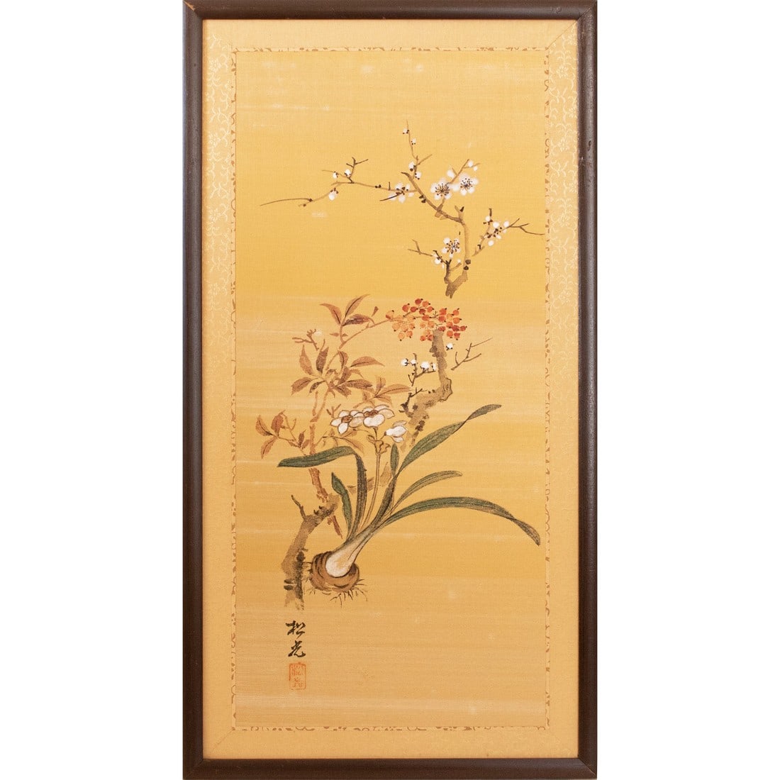 1960s Showa Era Japanese Painted Panel "Sakura and Flowers" on Gold Silk Background: Lovely Showa Era Japanese painted panel depicting blossoming cherry tree (Sakura) and flowers on gold background. Signed and sealed by artist. Watercolor and ink on silk over paper. Silk brocade