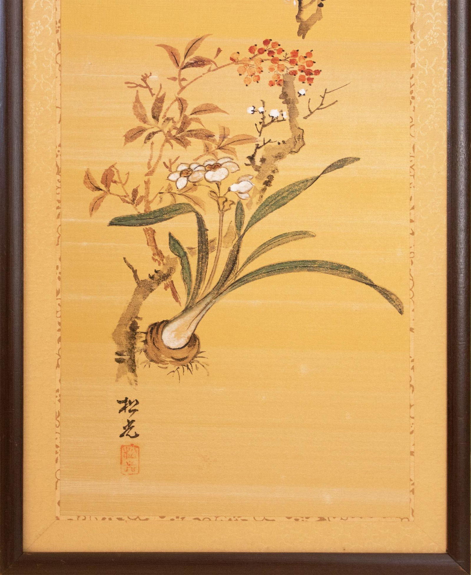 1960s Showa Era Japanese Painted Panel "Sakura and Flowers" on Gold Silk Background - 3