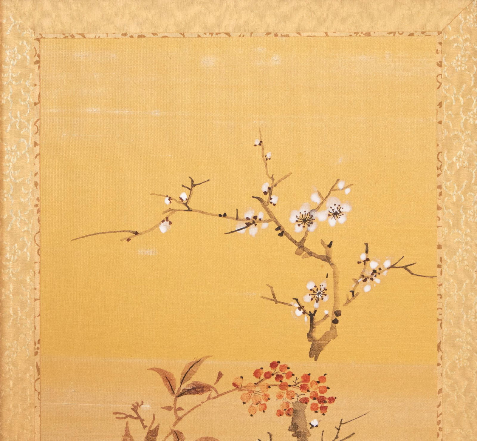 1960s Showa Era Japanese Painted Panel "Sakura and Flowers" on Gold Silk Background - 4