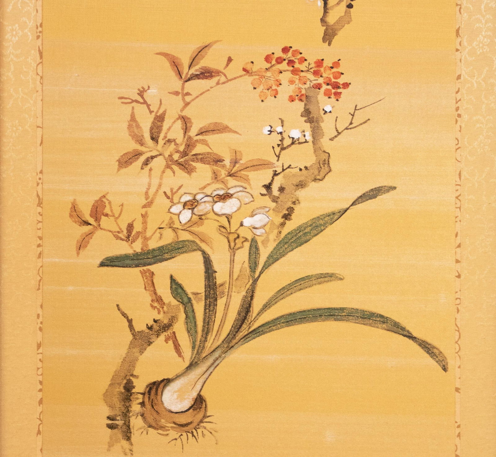 1960s Showa Era Japanese Painted Panel "Sakura and Flowers" on Gold Silk Background - 6