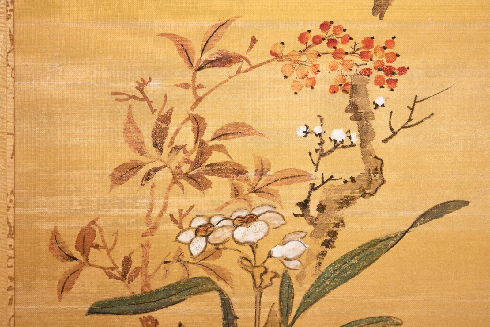 1960s Showa Era Japanese Painted Panel "Sakura and Flowers" on Gold Silk Background - 8