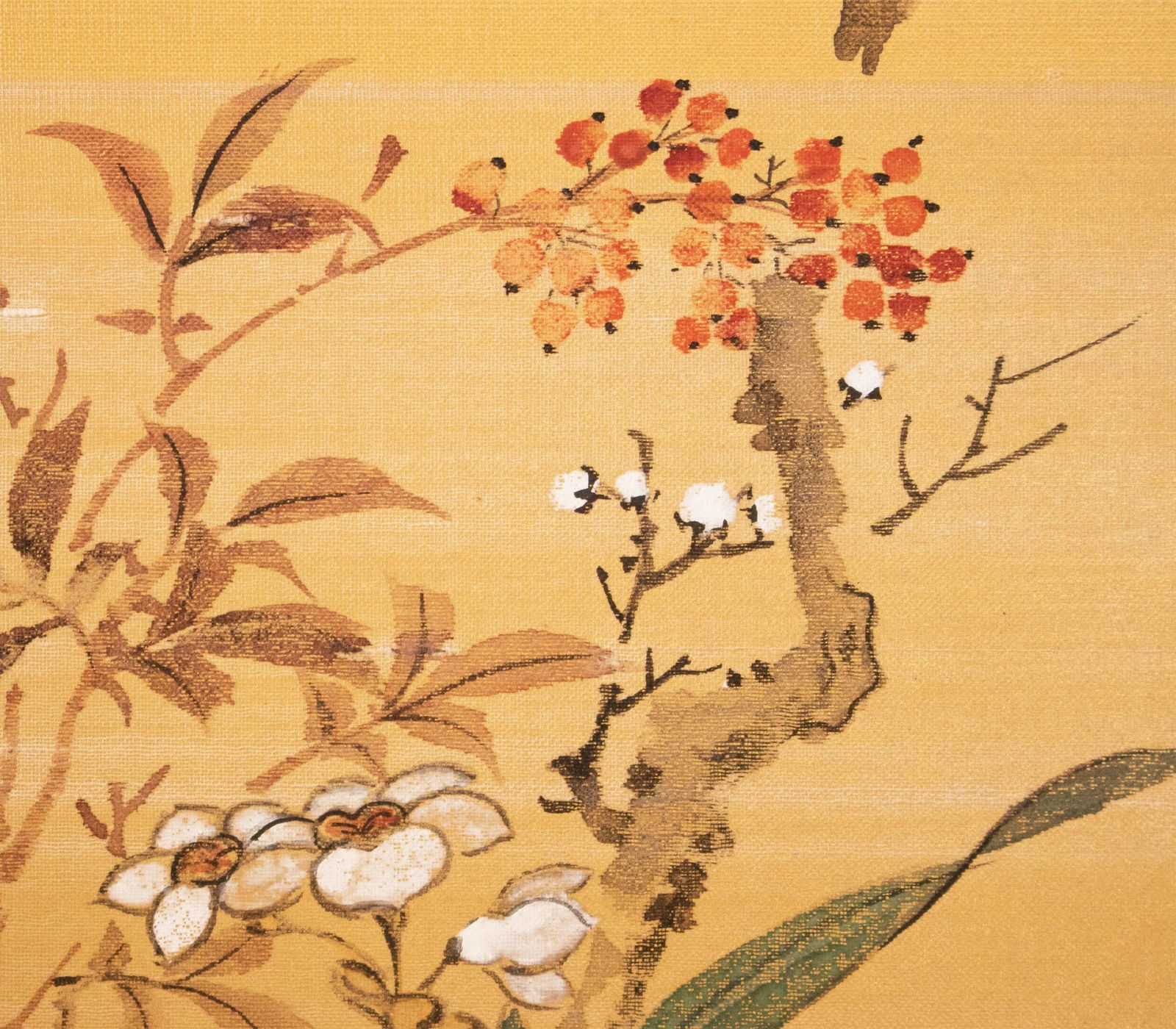 1960s Showa Era Japanese Painted Panel "Sakura and Flowers" on Gold Silk Background - 9