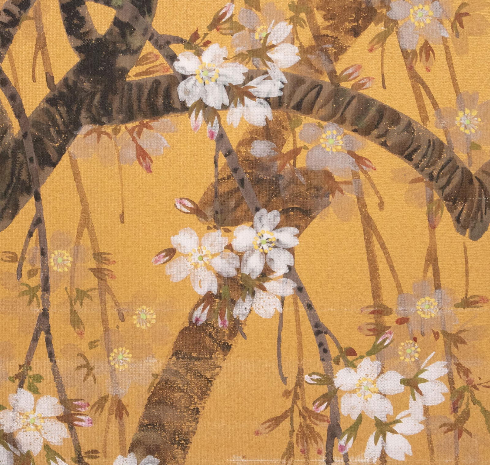 1960s Showa Era Japanese Painted Panel "Sakura" on Gold Silk Background - 11