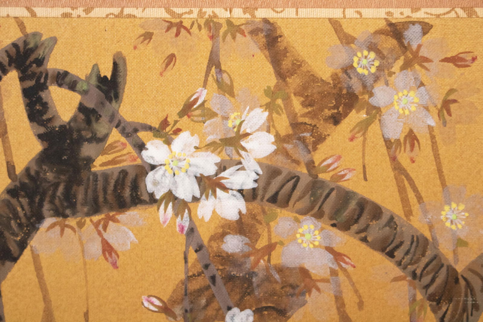 1960s Showa Era Japanese Painted Panel "Sakura" on Gold Silk Background - 13