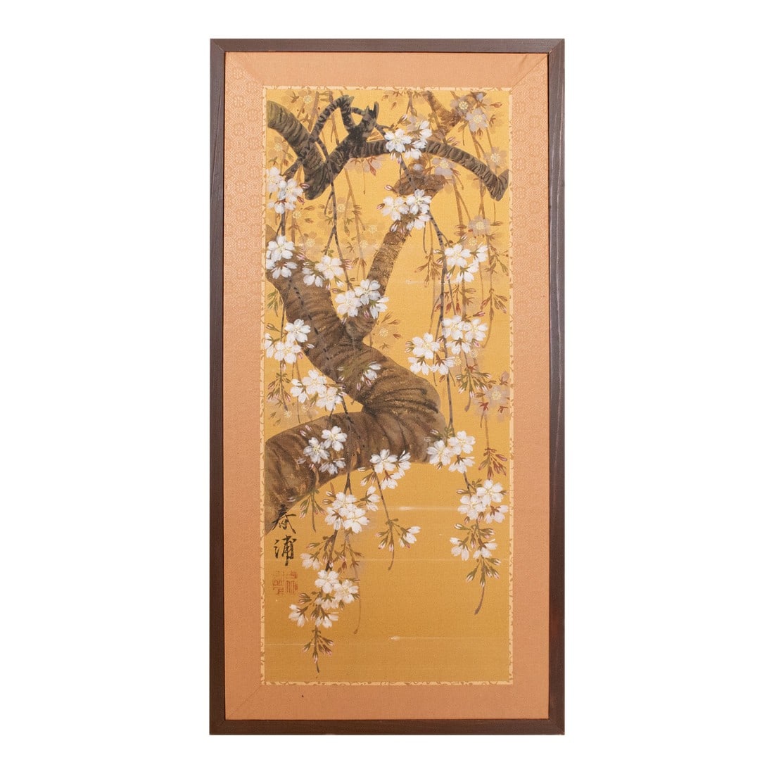 1960s Showa Era Japanese Painted Panel "Sakura" on Gold Silk Background: Lovely Showa Era Japanese painted panel depicting blossoming cherry tree (Sakura) on gold background. Signed and sealed by artist. Watercolor and ink on silk over paper. Silk brocade border and
