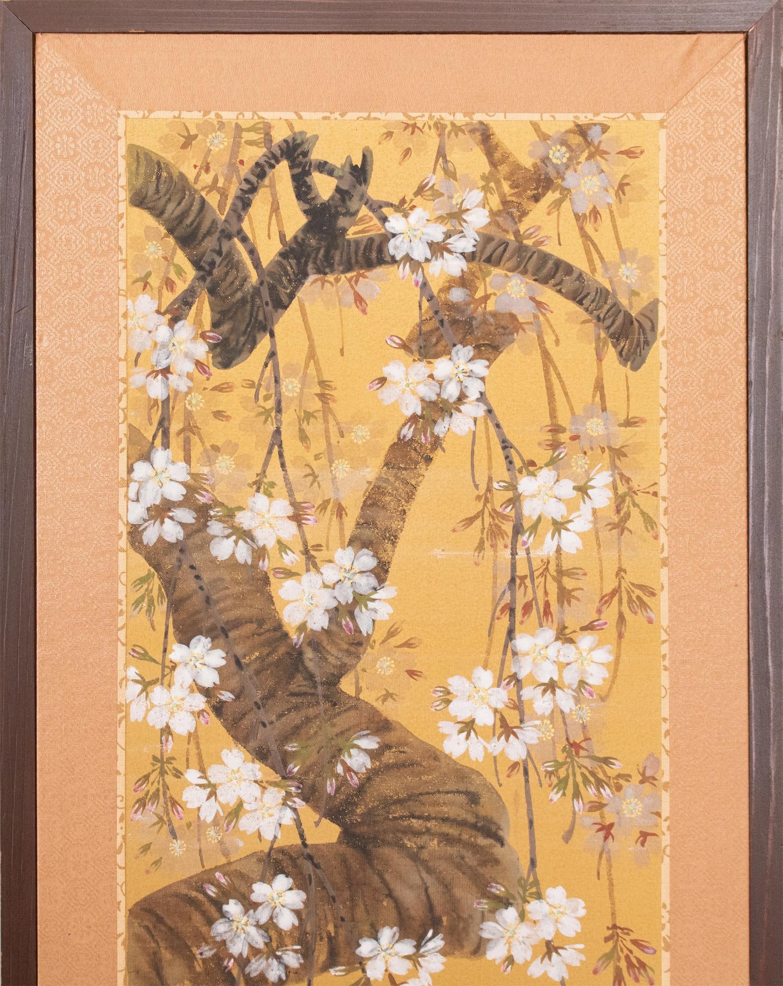 1960s Showa Era Japanese Painted Panel "Sakura" on Gold Silk Background - 2
