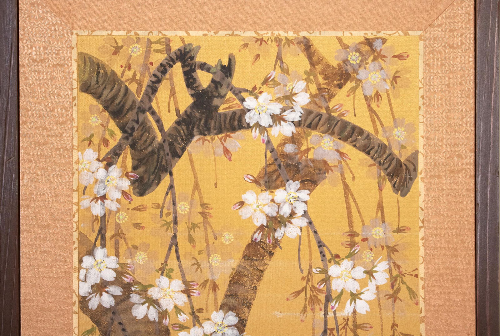 1960s Showa Era Japanese Painted Panel "Sakura" on Gold Silk Background - 4
