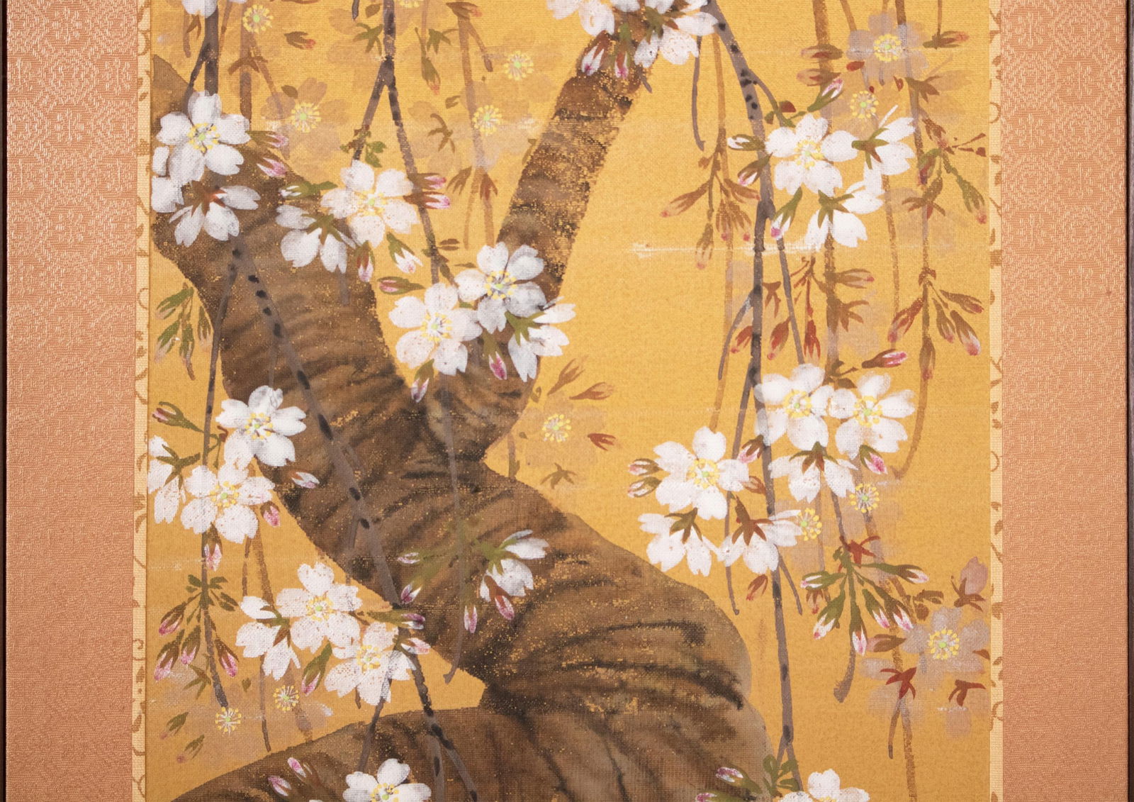 1960s Showa Era Japanese Painted Panel "Sakura" on Gold Silk Background - 5