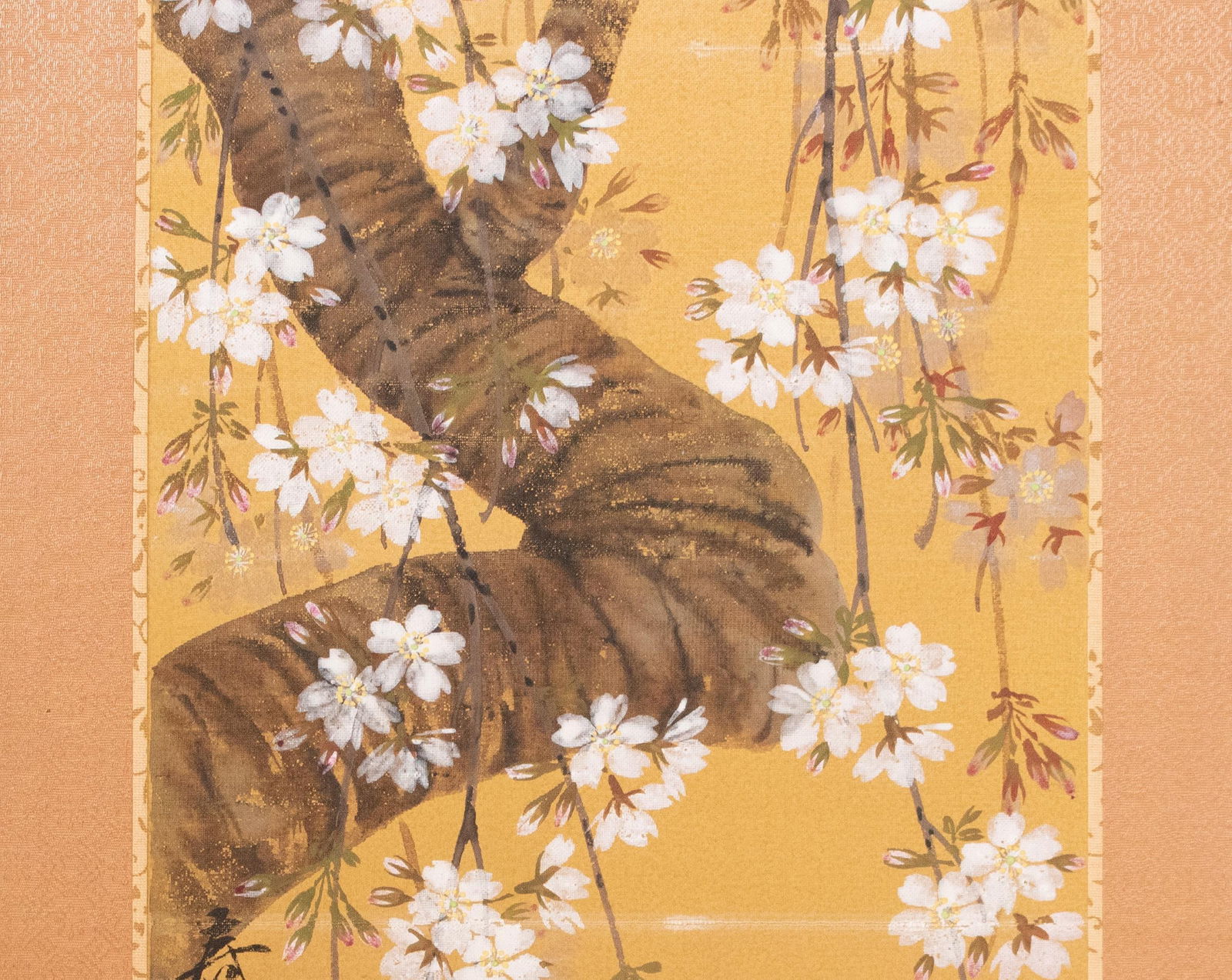 1960s Showa Era Japanese Painted Panel "Sakura" on Gold Silk Background - 9