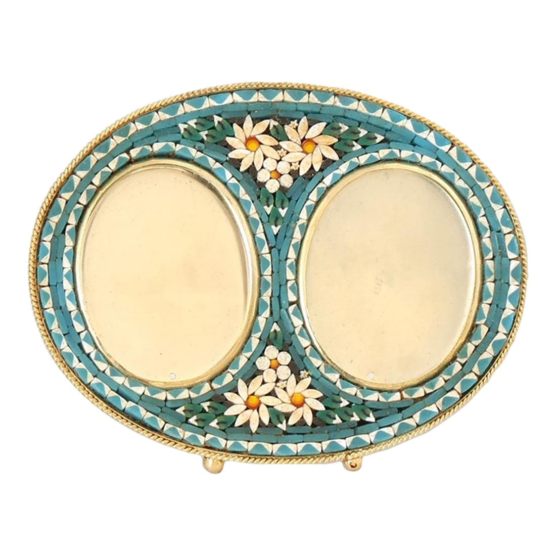 Midcentury Italian Micromosaic Double Picture Frame: A striking Italian micromosaic picture frame featuring twin oval openings framed by a luminous turquoise and ivory floral border. The intricate glass tesserae are hand-set in classic Roman style, crea