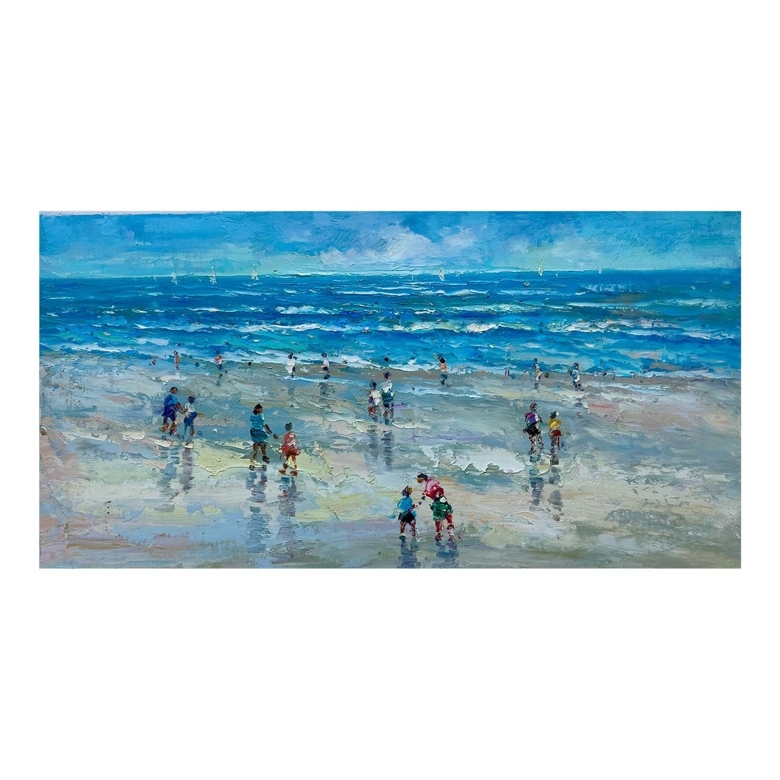 Contemporary Ocean Beach Scene Painting, Unstretched, by J. Morgan: Original oil on unstretched canvas, measuring 24" x 12". Signed by artist J. Morgan, circa 2024. Morgan uses an impressionistic style with loose brushwork and a vibrant color palette, focusing on