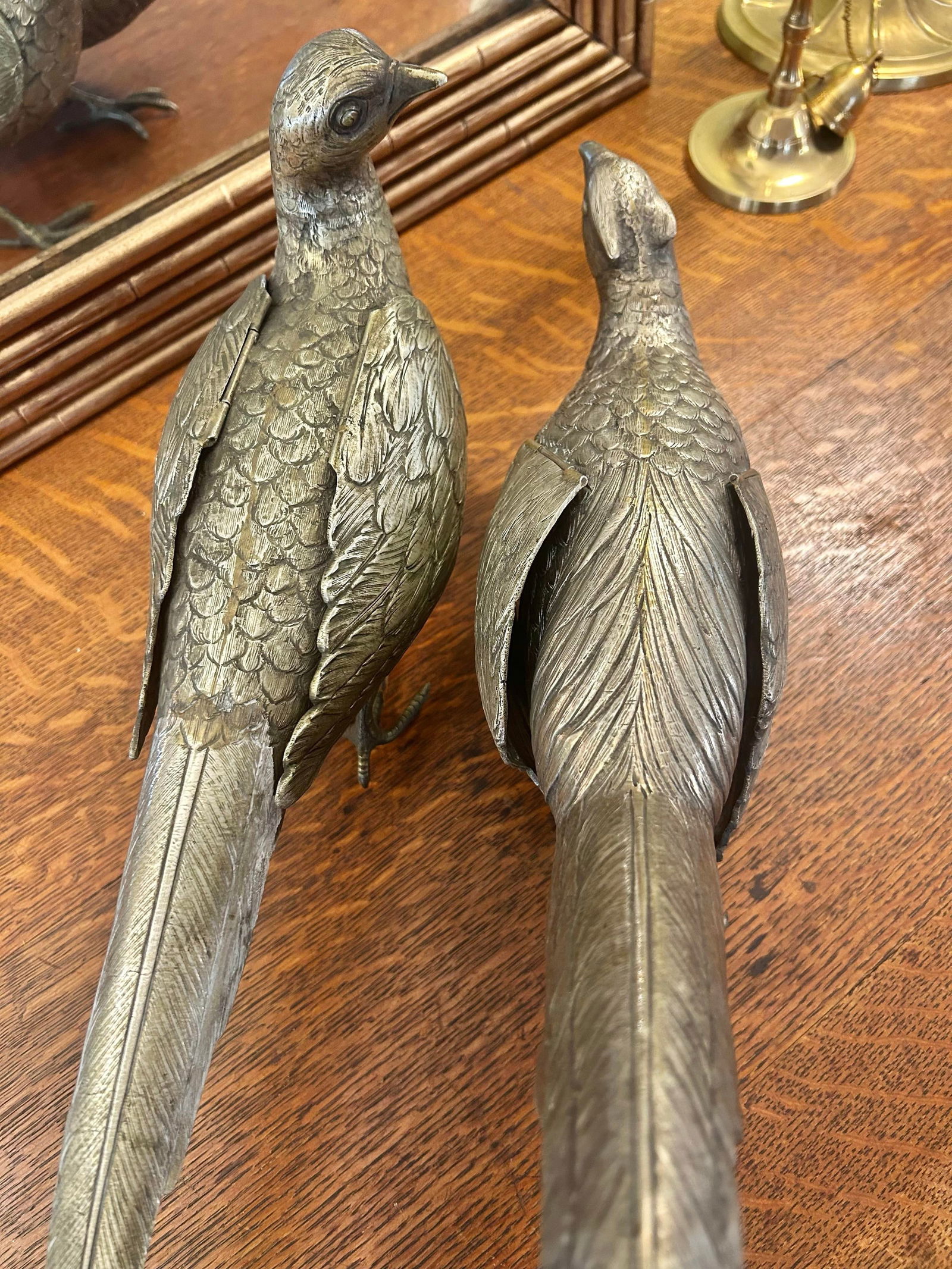 Early 20th Century Large German Silver Plated Pheasant Sculptures With Hinged Wings - A Pair - 3